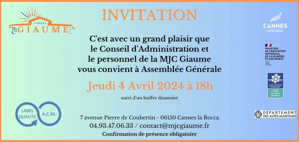 Invitation assemblée 2024 Mjc giaume Cannes